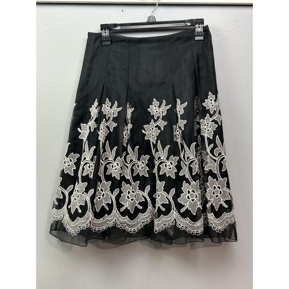 Allen by ABS Skirt Womens 4 Black White Embroidered Mesh A-Line Scalloped Hem